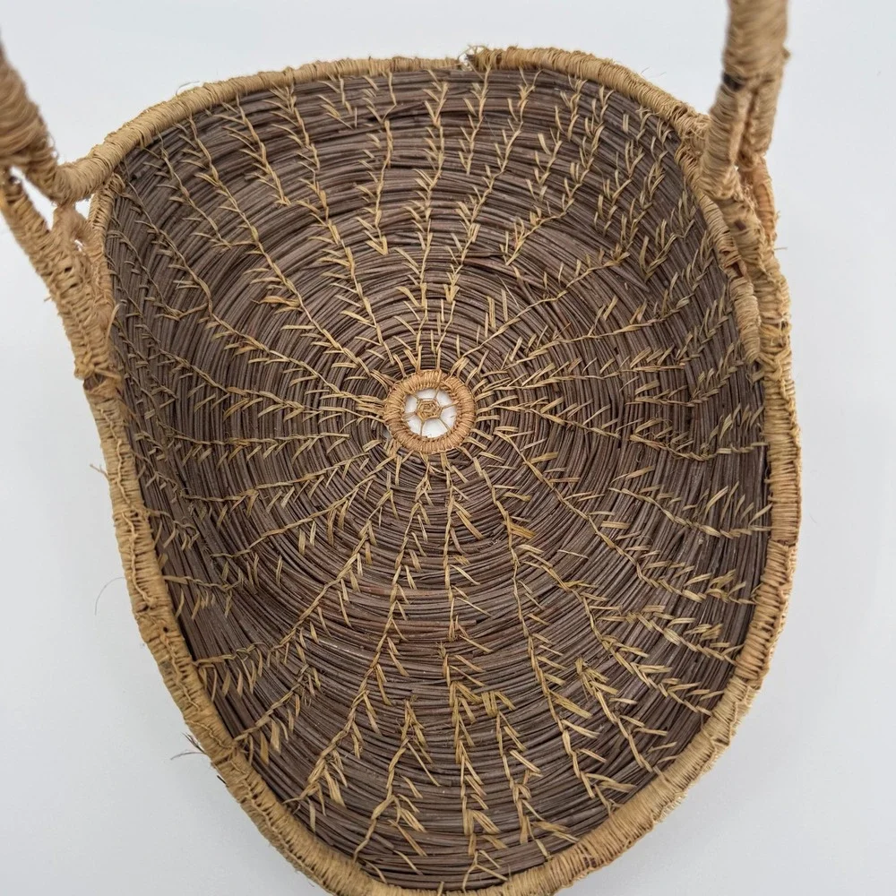 Vtg Handmade Pine Needle Gathering Basket Wrapped Handle Southern Folk Art Decor